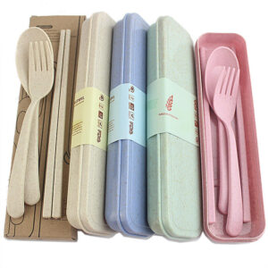 Picnic and Reusable Bamboo Biodegradable Cutlery Eco-Friendly Plastic Set Wheat Straw With Case
